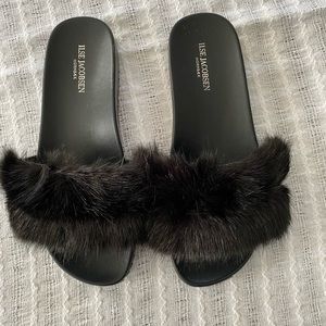 Ilse Jacobsen Black Fur Slide Sandals